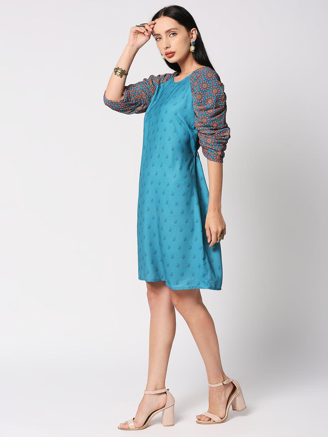 rabiah straight dress with puffed raglan sleeves - blue