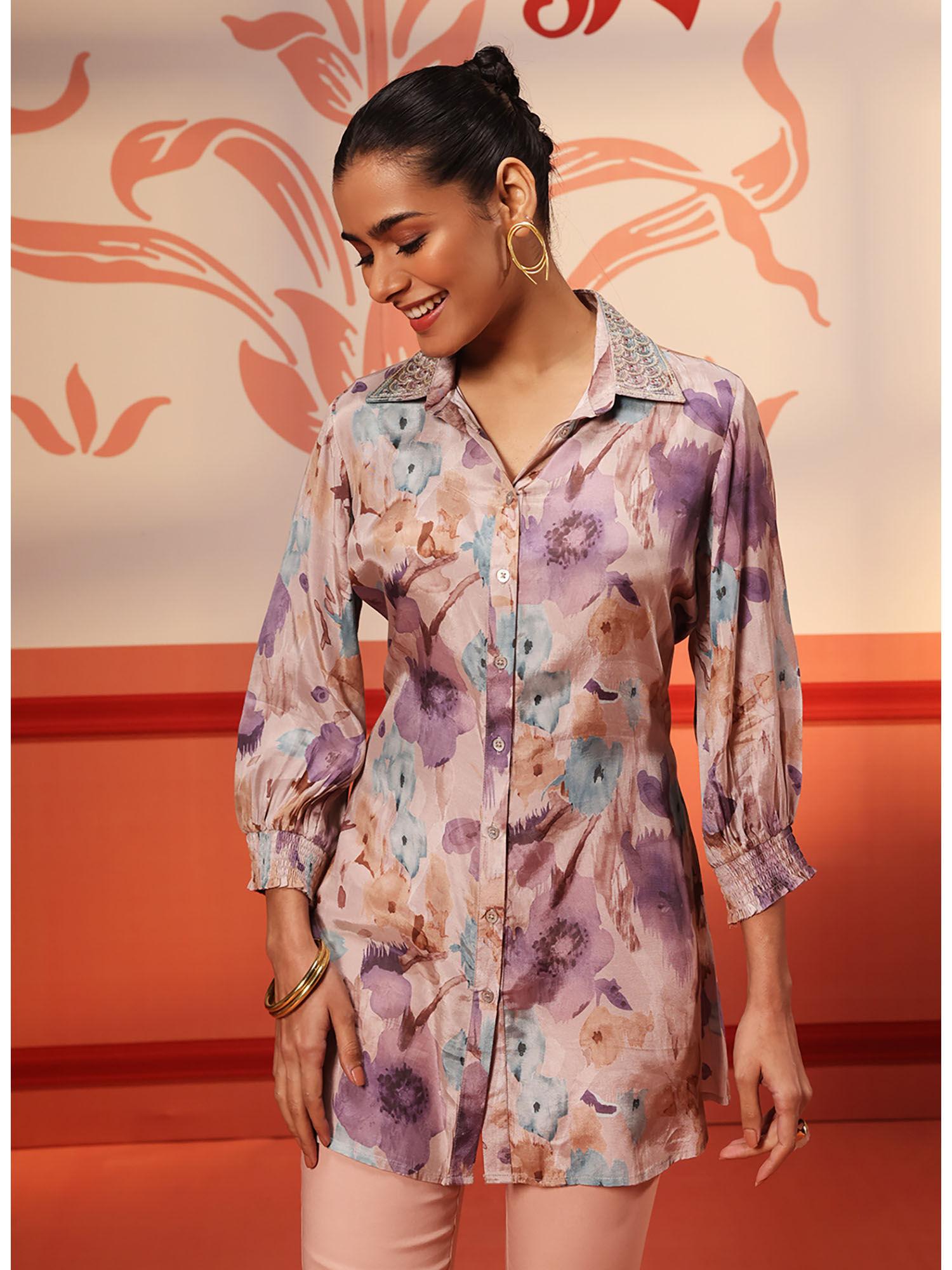 rabya purple printed silk shirt for women