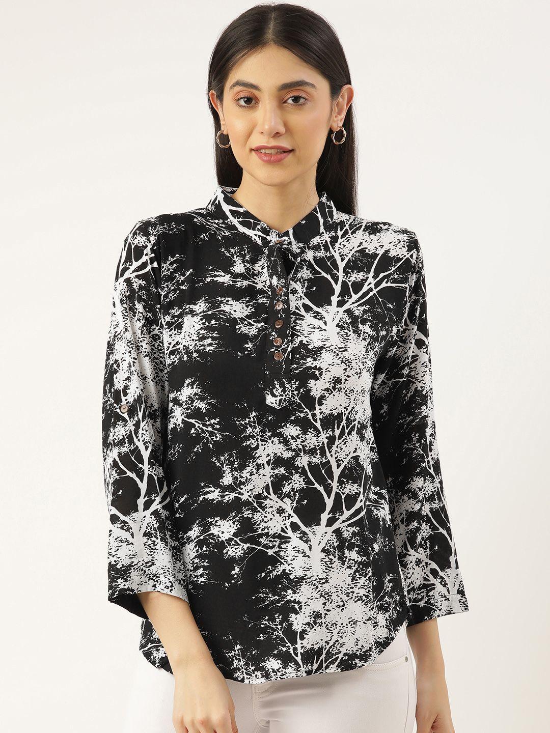 rachna black & white floral print mandarin collar top