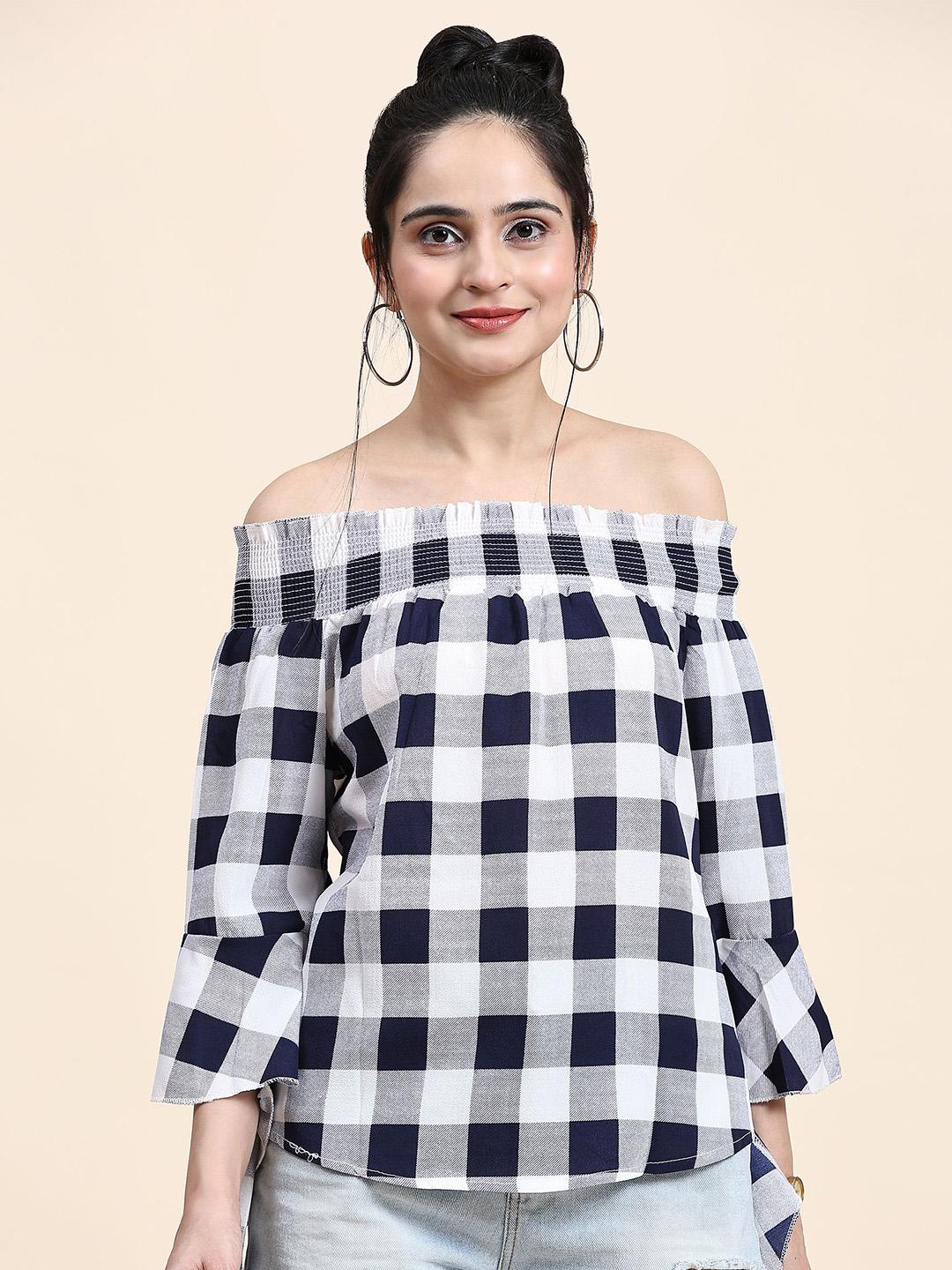 rachna checked off-shoulder bell sleeve cotton top