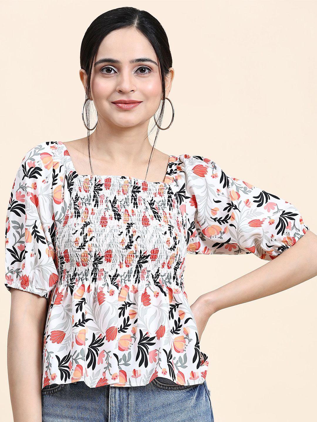 rachna floral printed puff sleeves smocking top