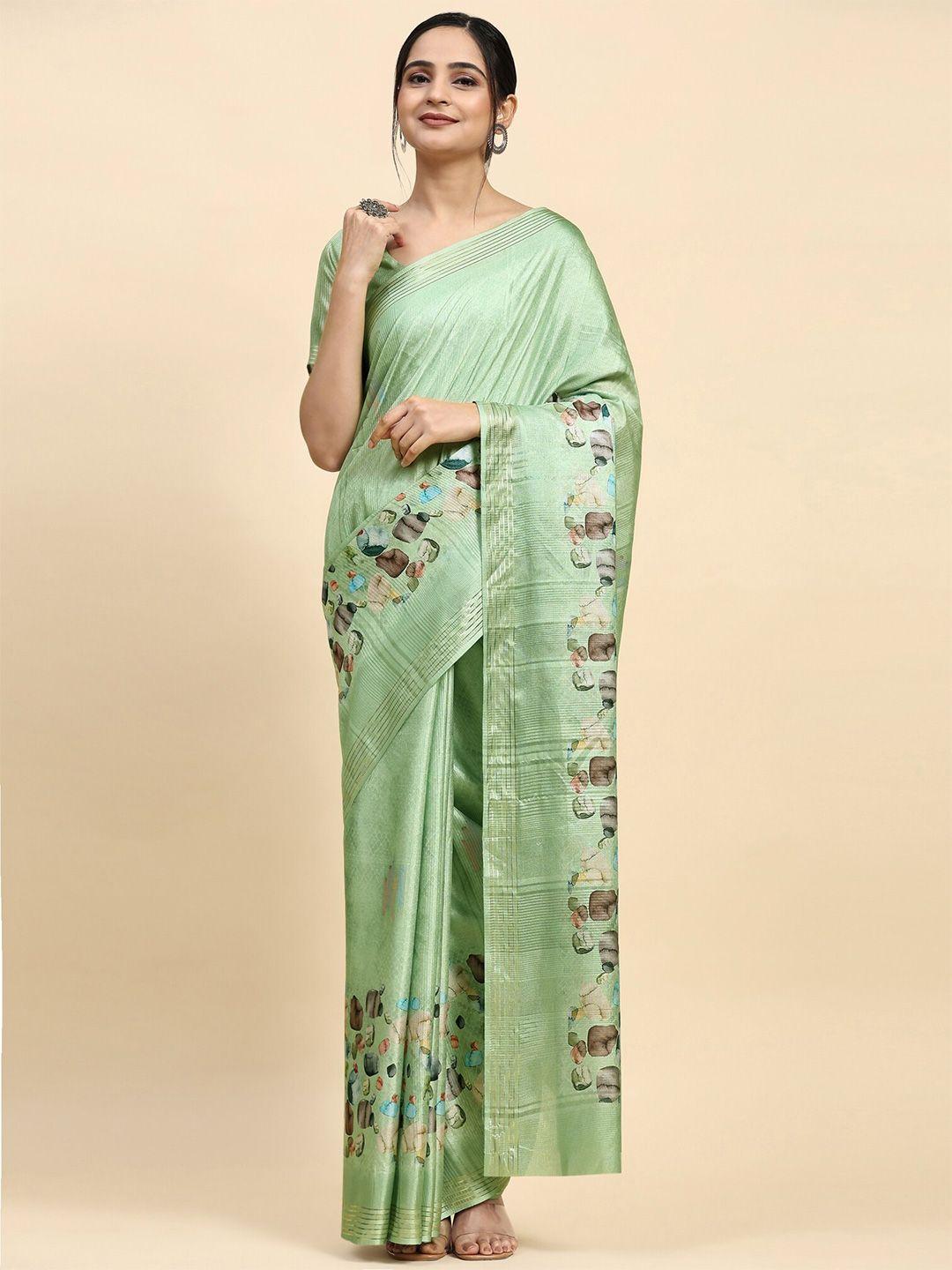 rachna green colourblocked silk blend fusion block print saree