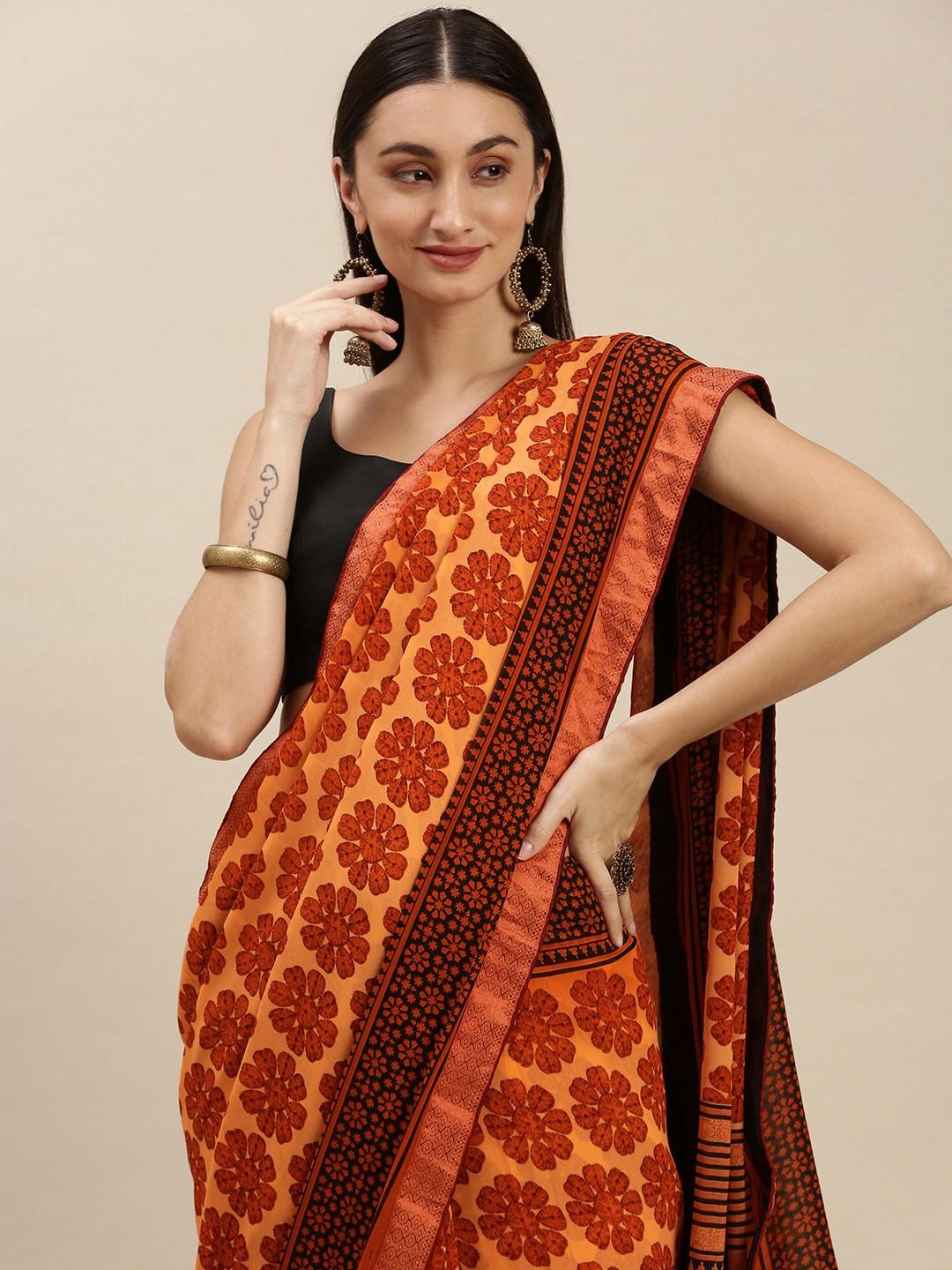 rachna orange ethnic motifs printed saree with blouse