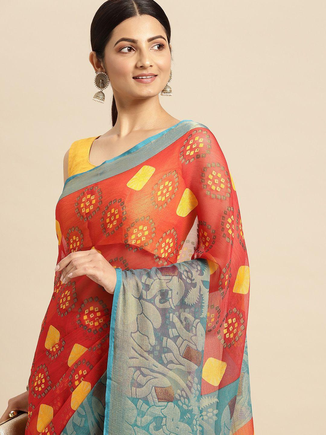rachna red & yellow ethnic motifs print brasso saree