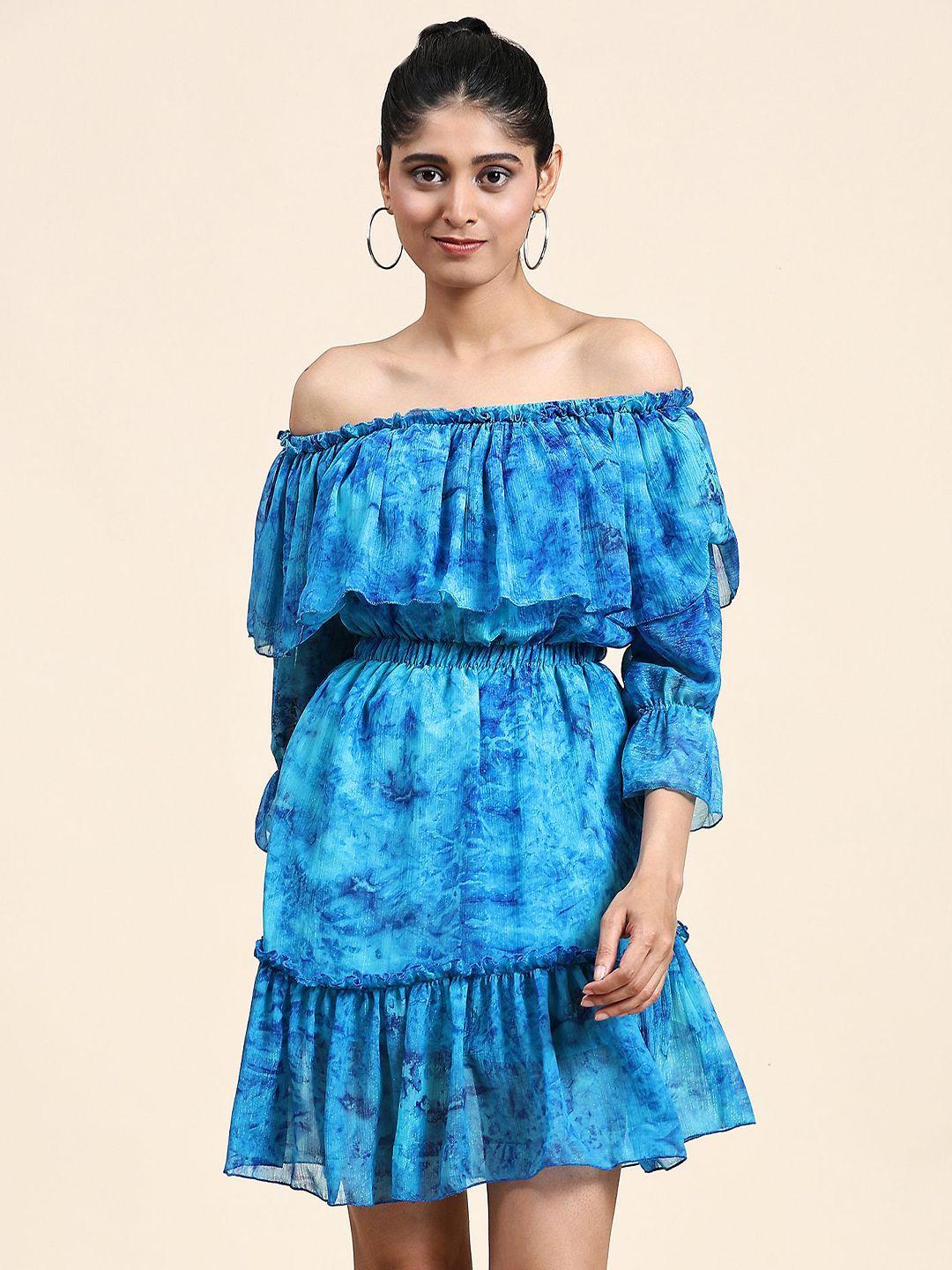 rachna abstract printed off-shoulder bell sleeve georgette fit & flare dress