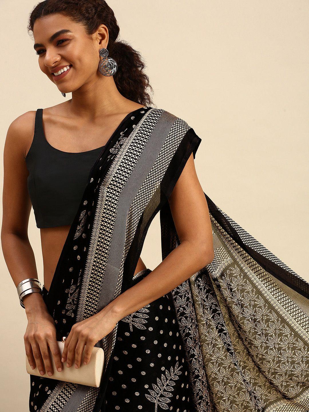 rachna black & gold-toned ethnic motifs brasso saree