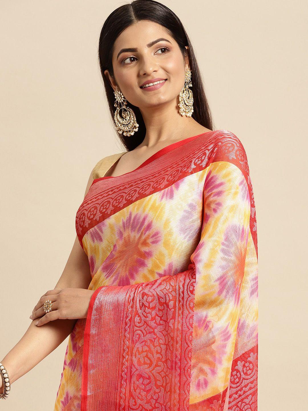 rachna cream-coloured & yellow floral print brasso saree