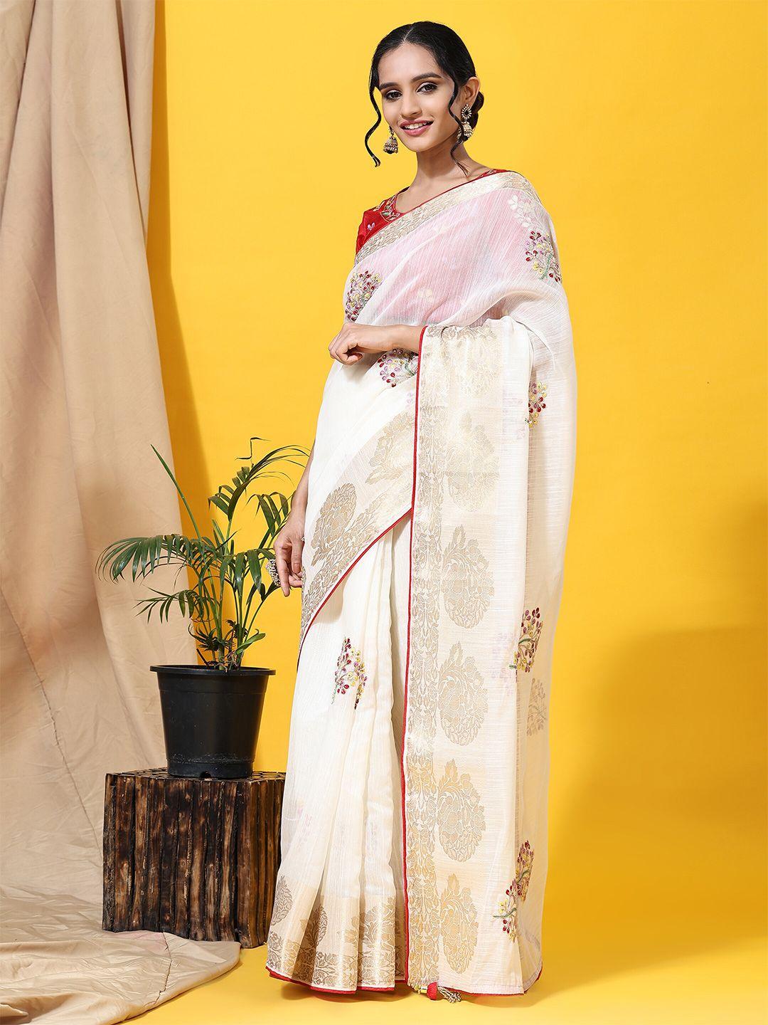 rachna floral embroidered zari silk blend saree
