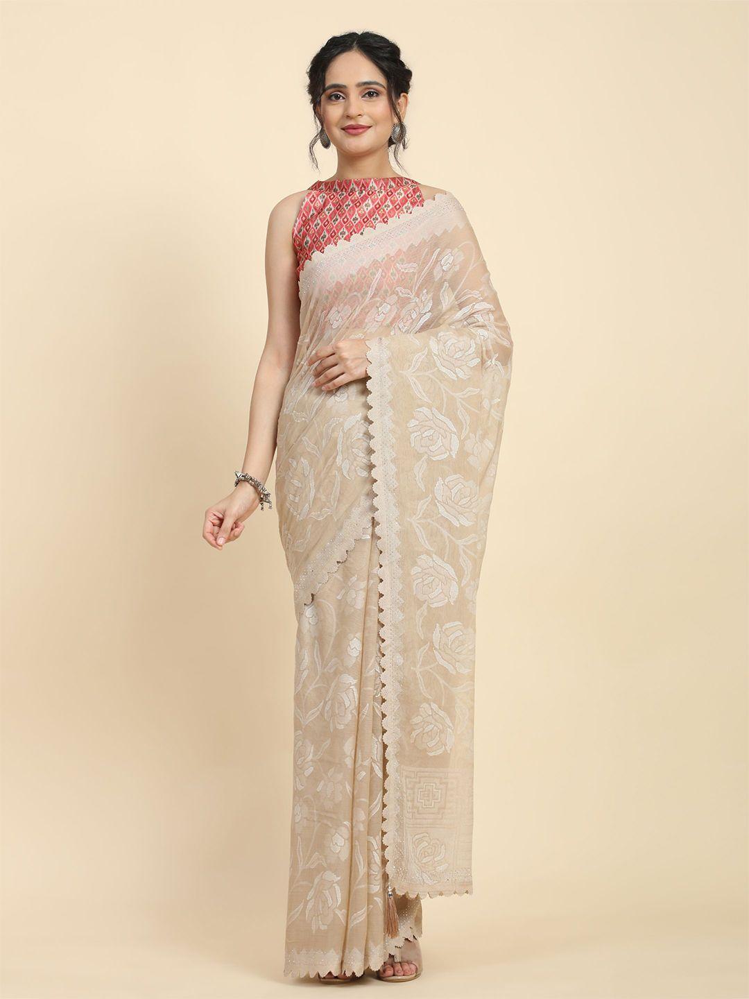 rachna floral printed beads and stones embellished pure chiffon saree