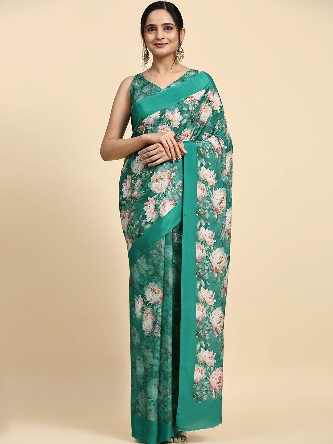 rachna green floral satin fusion mangalagiri saree