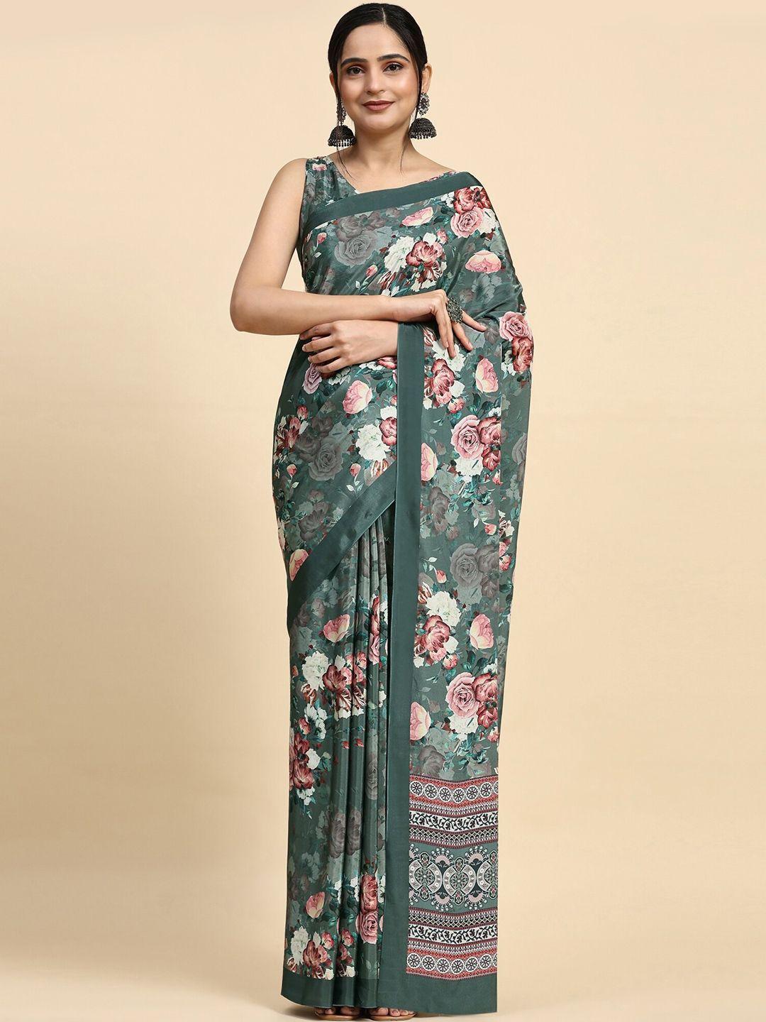 rachna green floral satin fusion mangalagiri saree