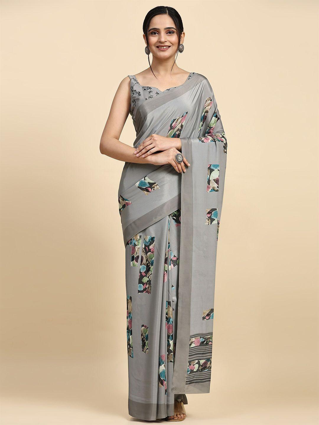 rachna grey colourblocked satin fusion block print saree