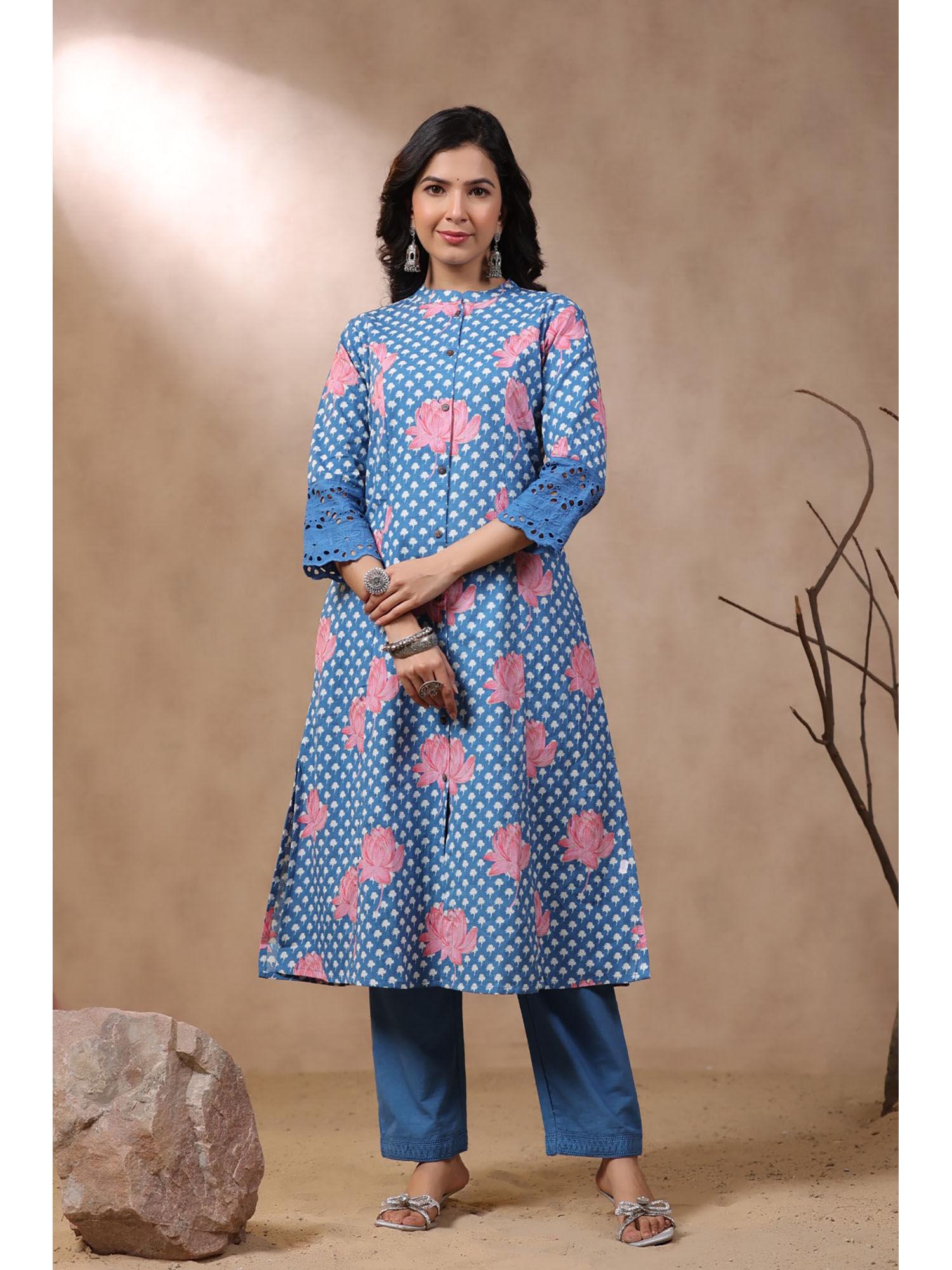 rachna indigo printed cotton kurta & pant (set of 2)