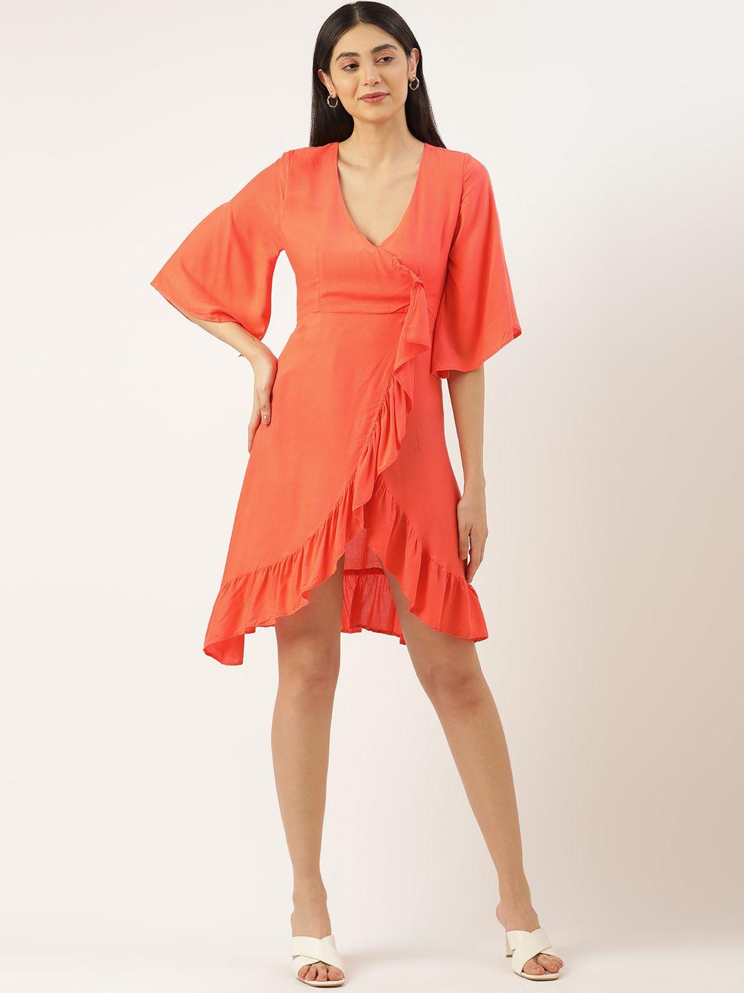 rachna orange solid cotton wrap dress