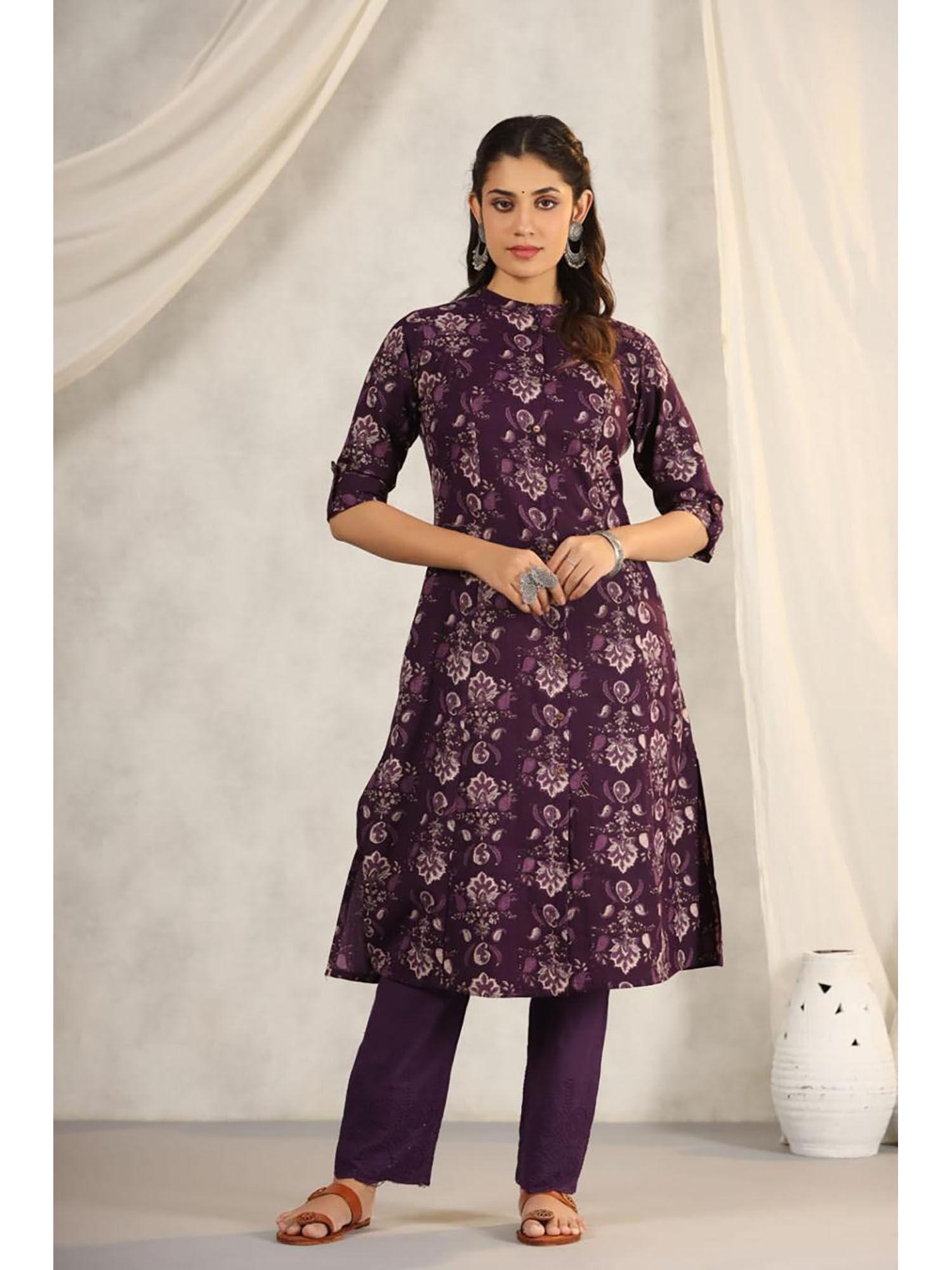 rachna wine printed cotton kurta & pant (set of 2)