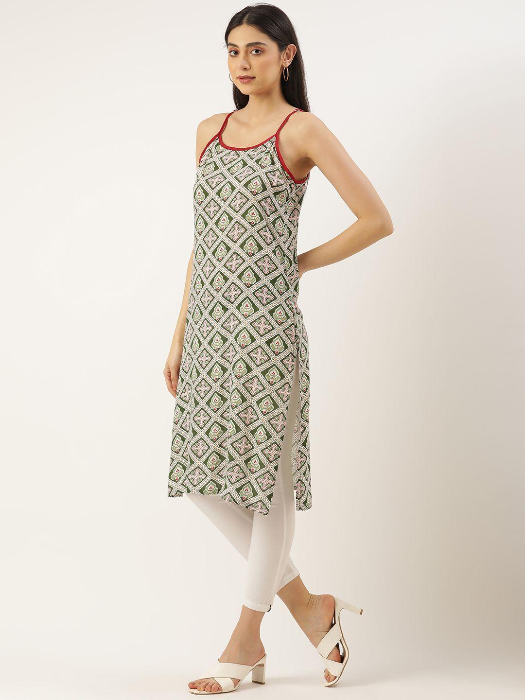 rachna women green & white ethnic motifs printed cotton kurta