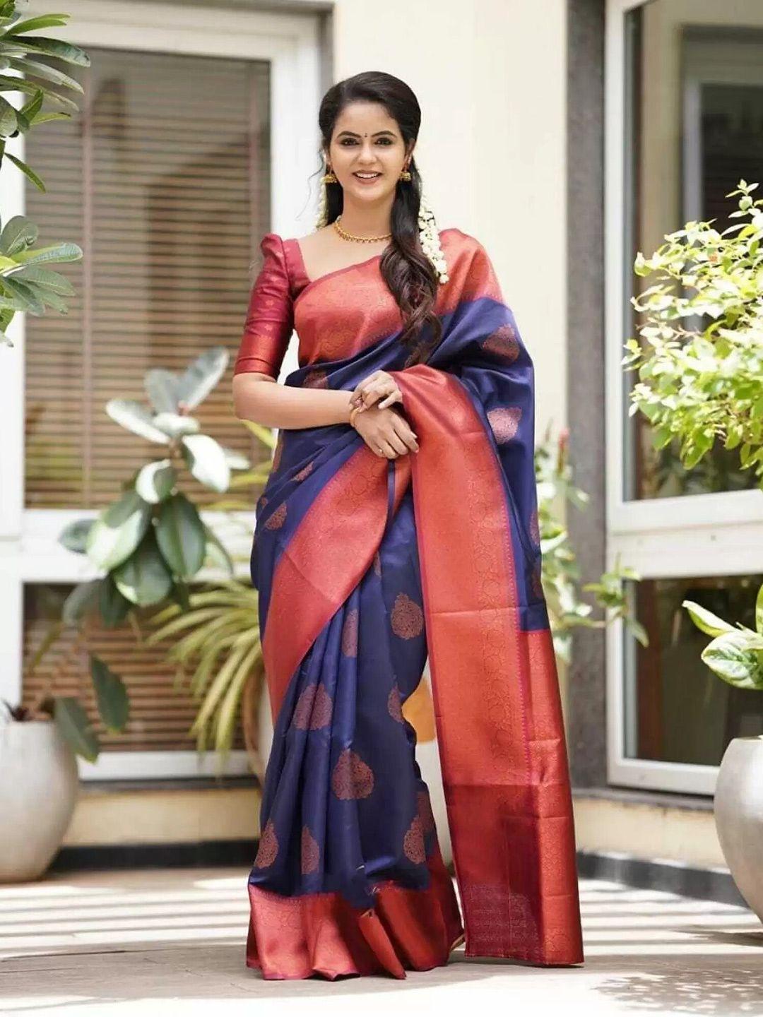 radadiyatrd blue & burgundy woven design zari silk cotton kanjeevaram saree