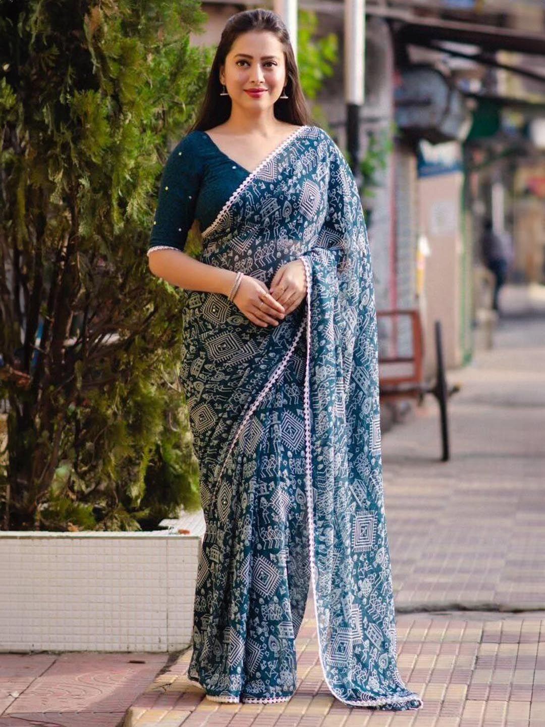 radadiyatrd ethnic motifs printed mirror work pure georgette saree