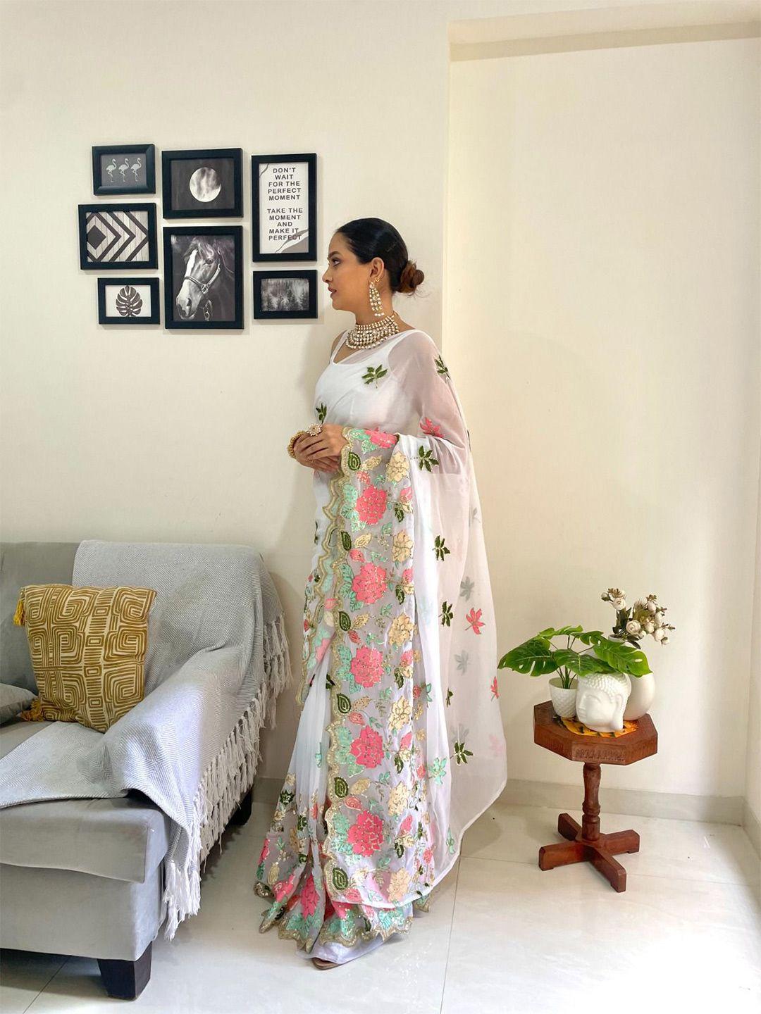 radadiyatrd floral embroidered sequinned pure georgette saree