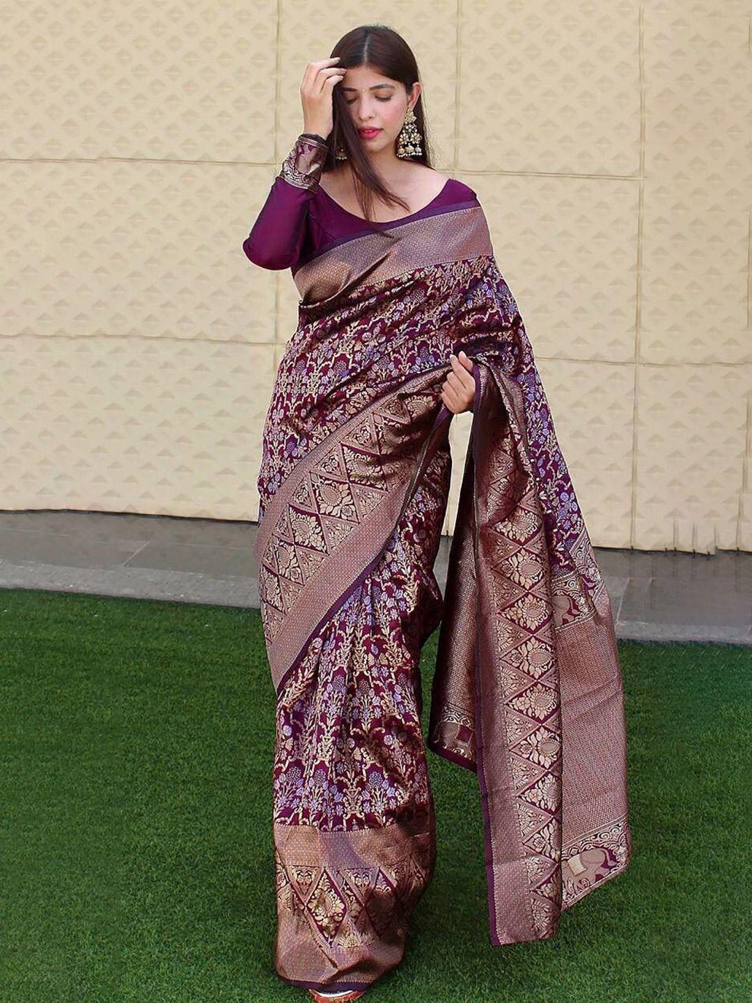 radadiyatrd magenta & purple woven design zari silk cotton kanjeevaram saree