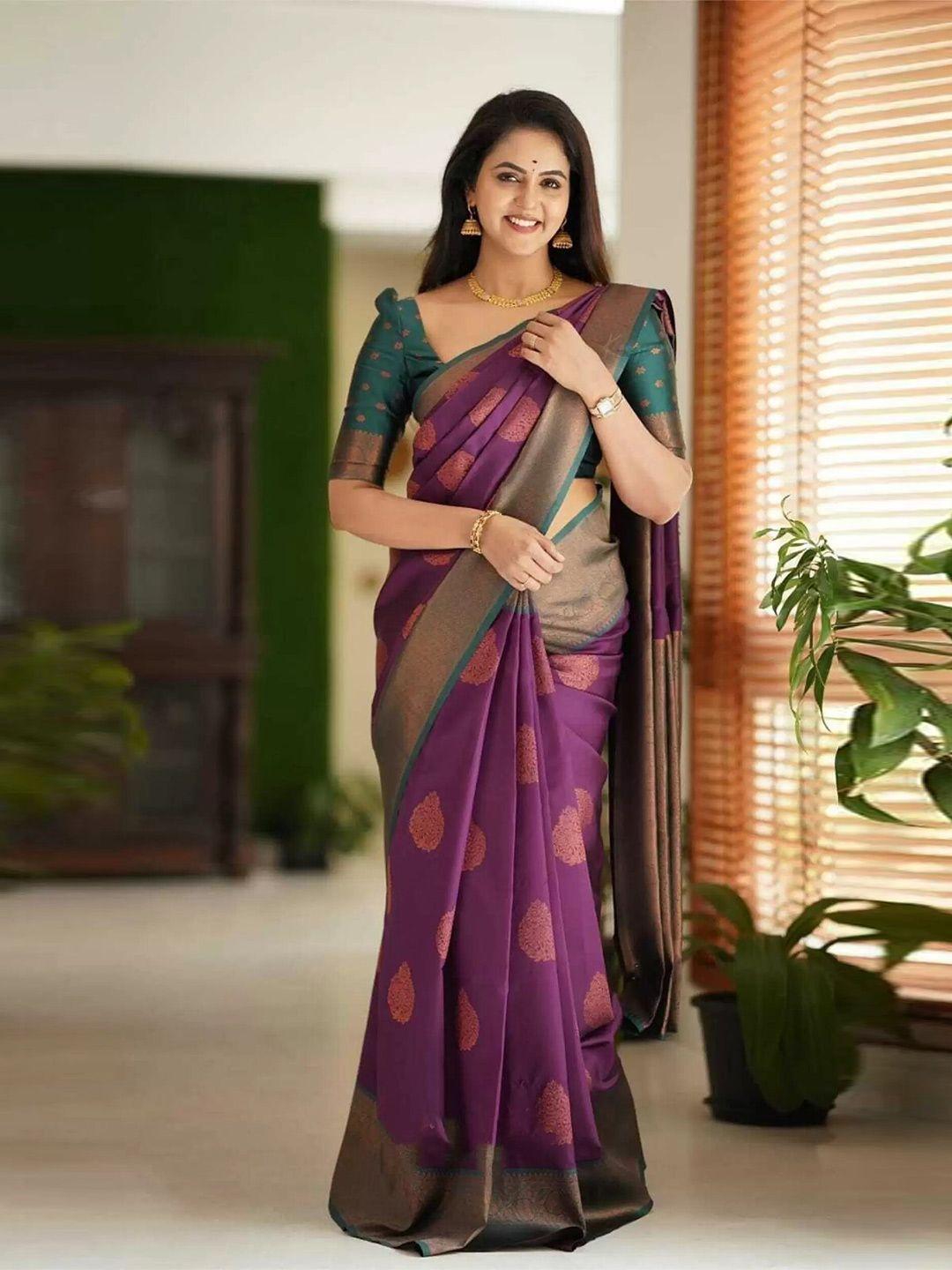 radadiyatrd purple & green woven design zari silk cotton kanjeevaram saree