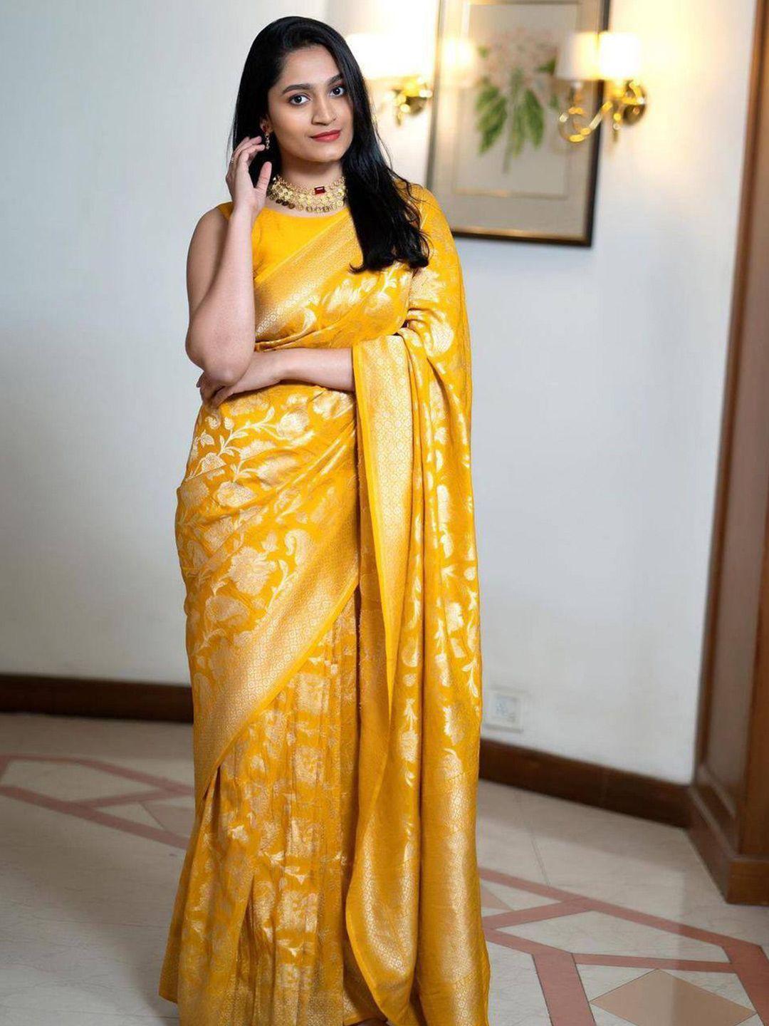radadiyatrd yellow & gold-toned woven design zari silk cotton kanjeevaram saree