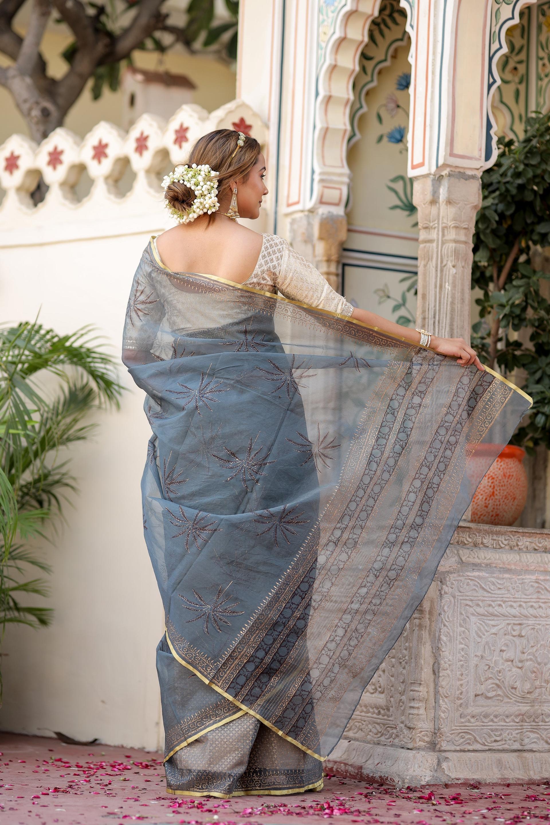 radiant foil blossom organza saree