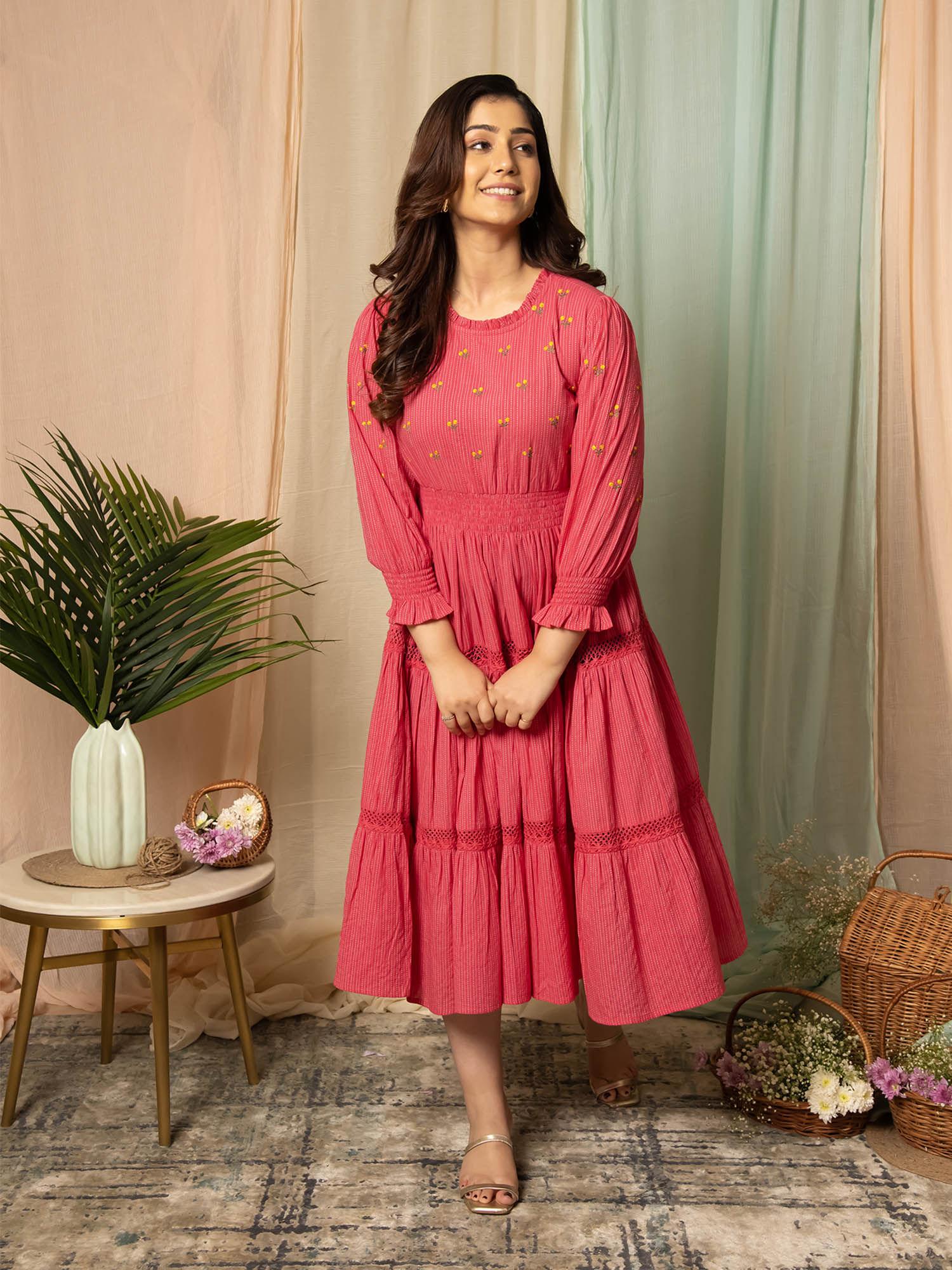 radiant meadows cerise pink cotton kantha tiered dress