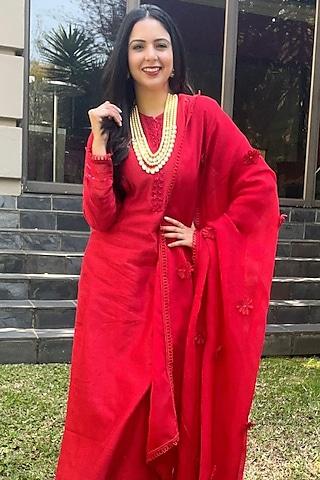 radiant red embellished kurta set