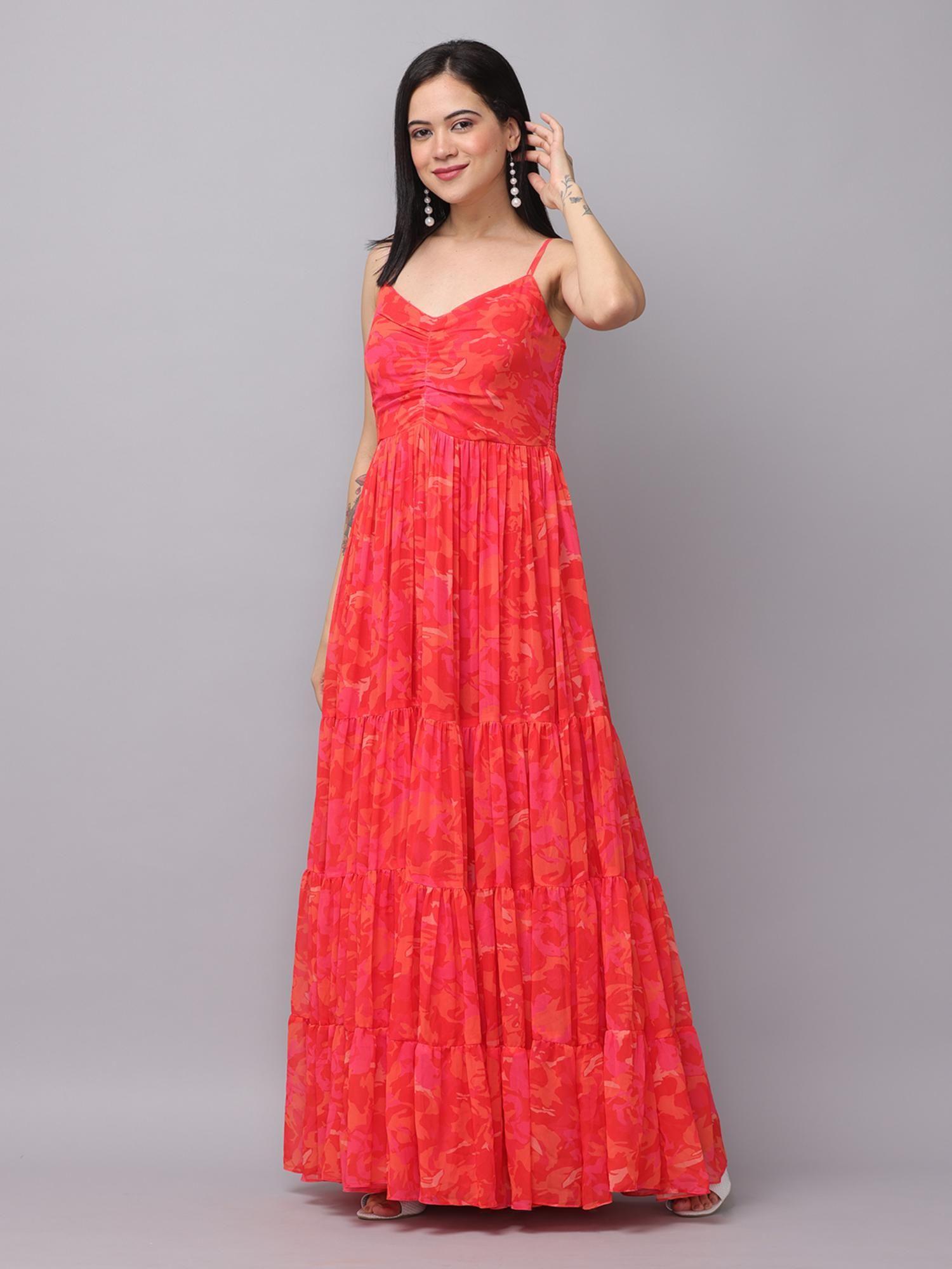 radiant red floral ruched maxi