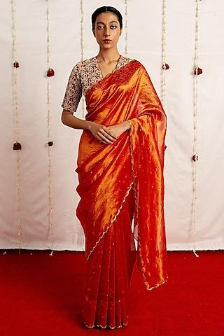 radiant red tissue silk embroidered woven saree set