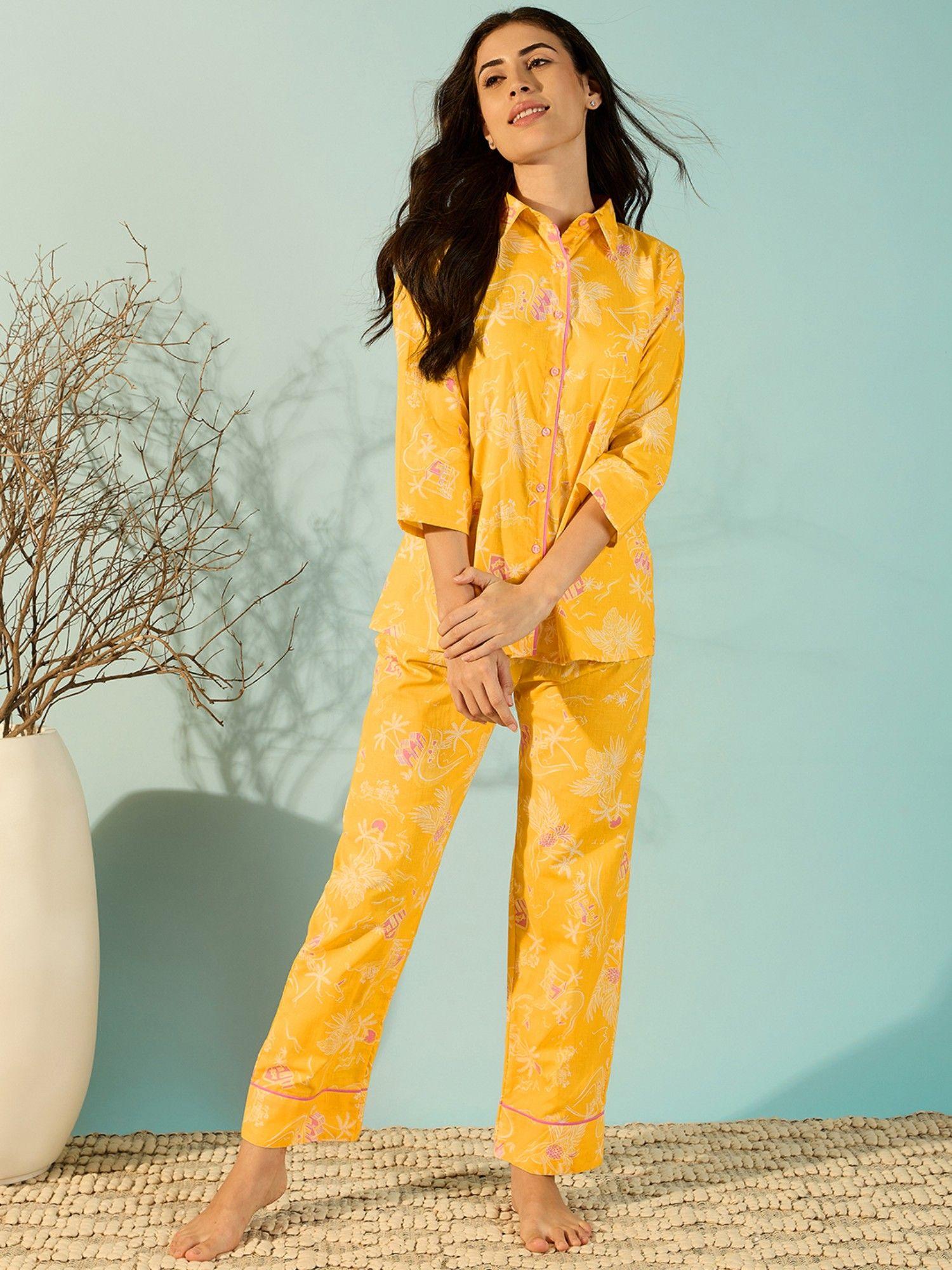 radiant yellow relaxing cotton shirt and pyjama (set of 2)