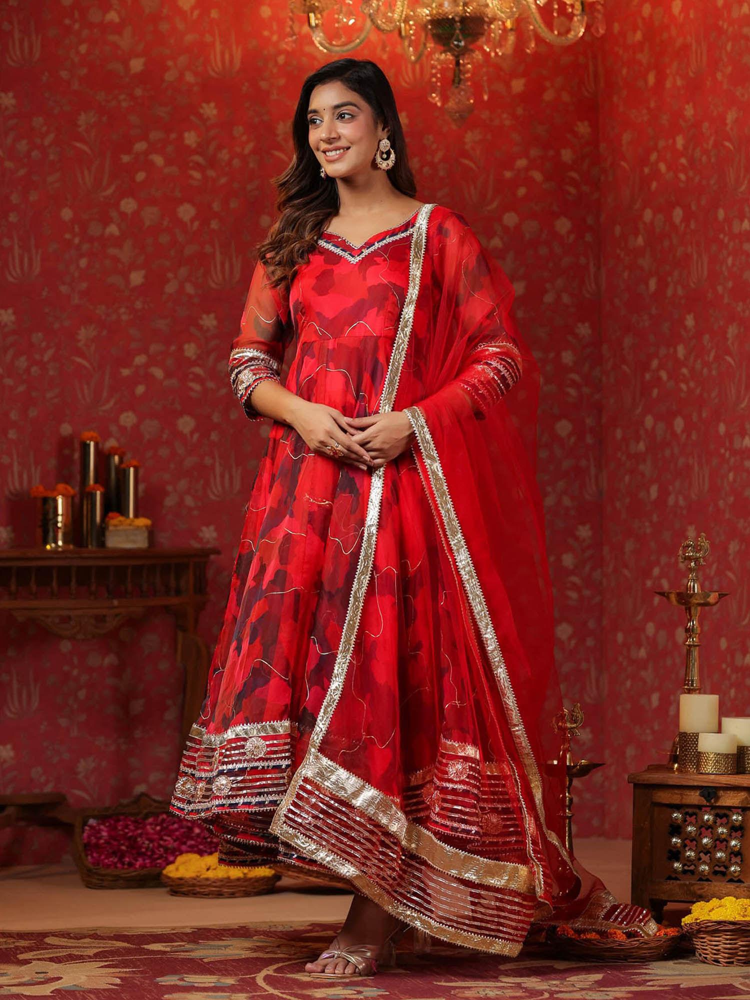 radical red organza anarkali kurta with pant & dupatta (set of 3)