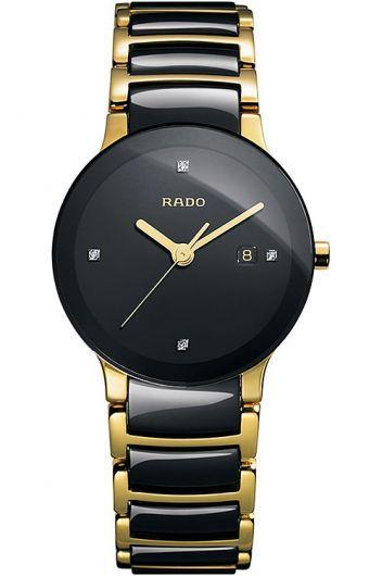rado centrix black dial quartz watch with ceramic & yellow gold pvd strap for women - r30930712
