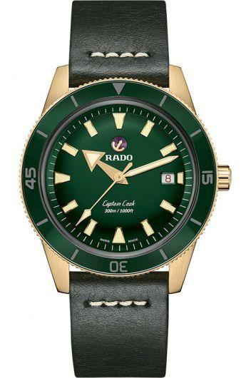 rado captain cook green dial automatic watch with leather strap for men - r32504315