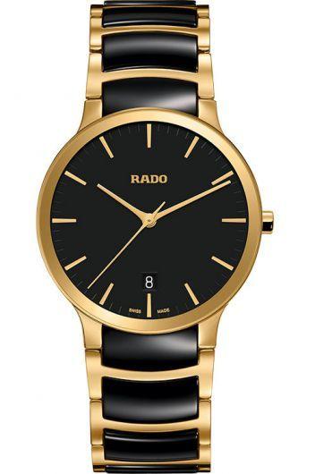 rado centrix black dial quartz watch with ceramic & yellow gold pvd strap for men - r30527172