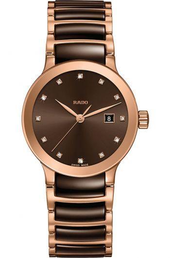 rado centrix brown dial quartz watch with steel & rose gold pvd bracelet for women - r30555724