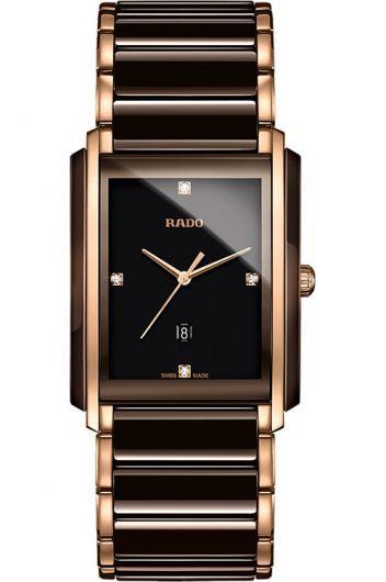 rado integral black dial quartz watch with ceramic & rose gold pvd strap for men - r20219712