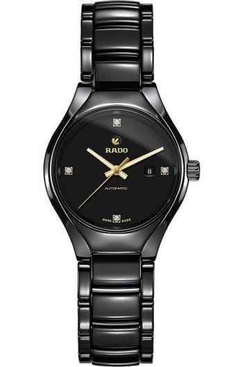 rado true black dial automatic watch with ceramic strap for women - r27242712