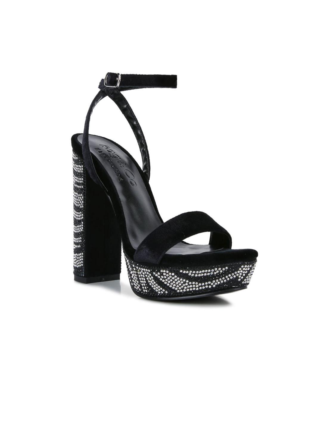 rag & co black velvet embellished block sandals heels