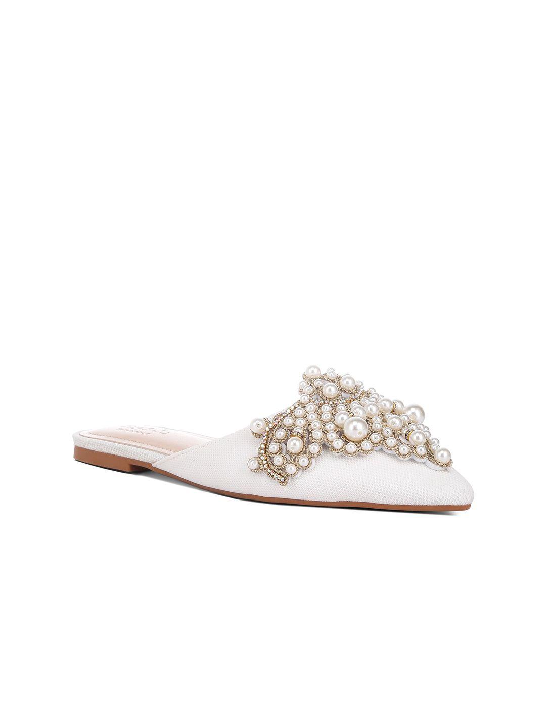 rag & co embellished pointed toe fabric party mules