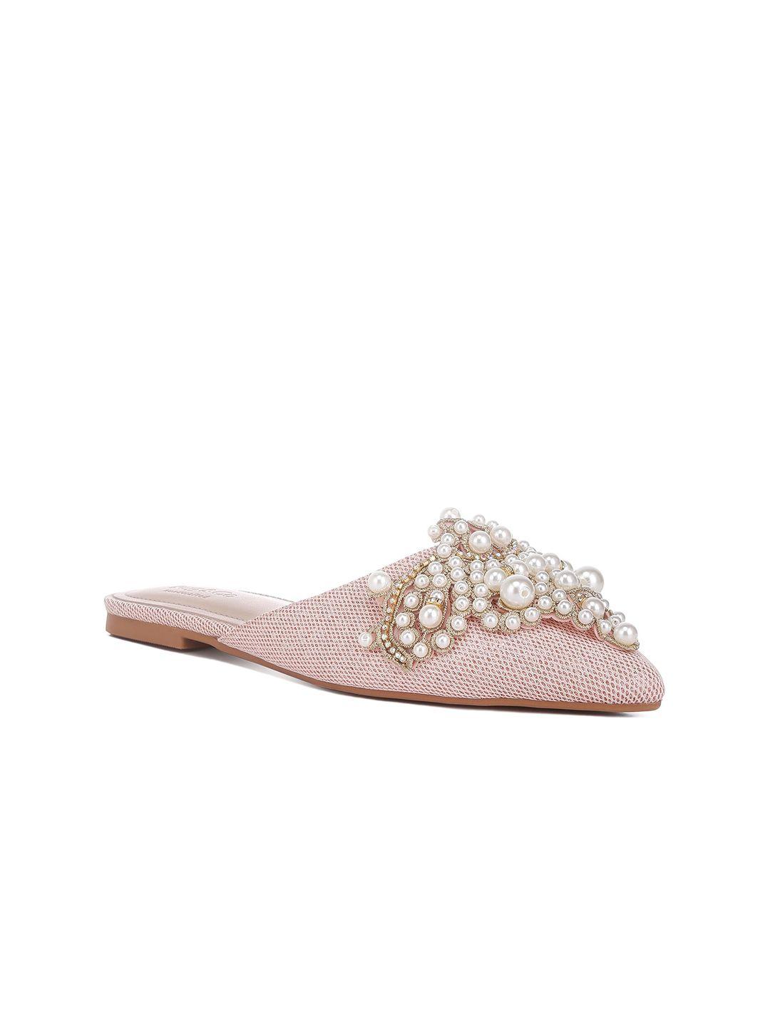 rag & co embellished pointed toe fabric party mules