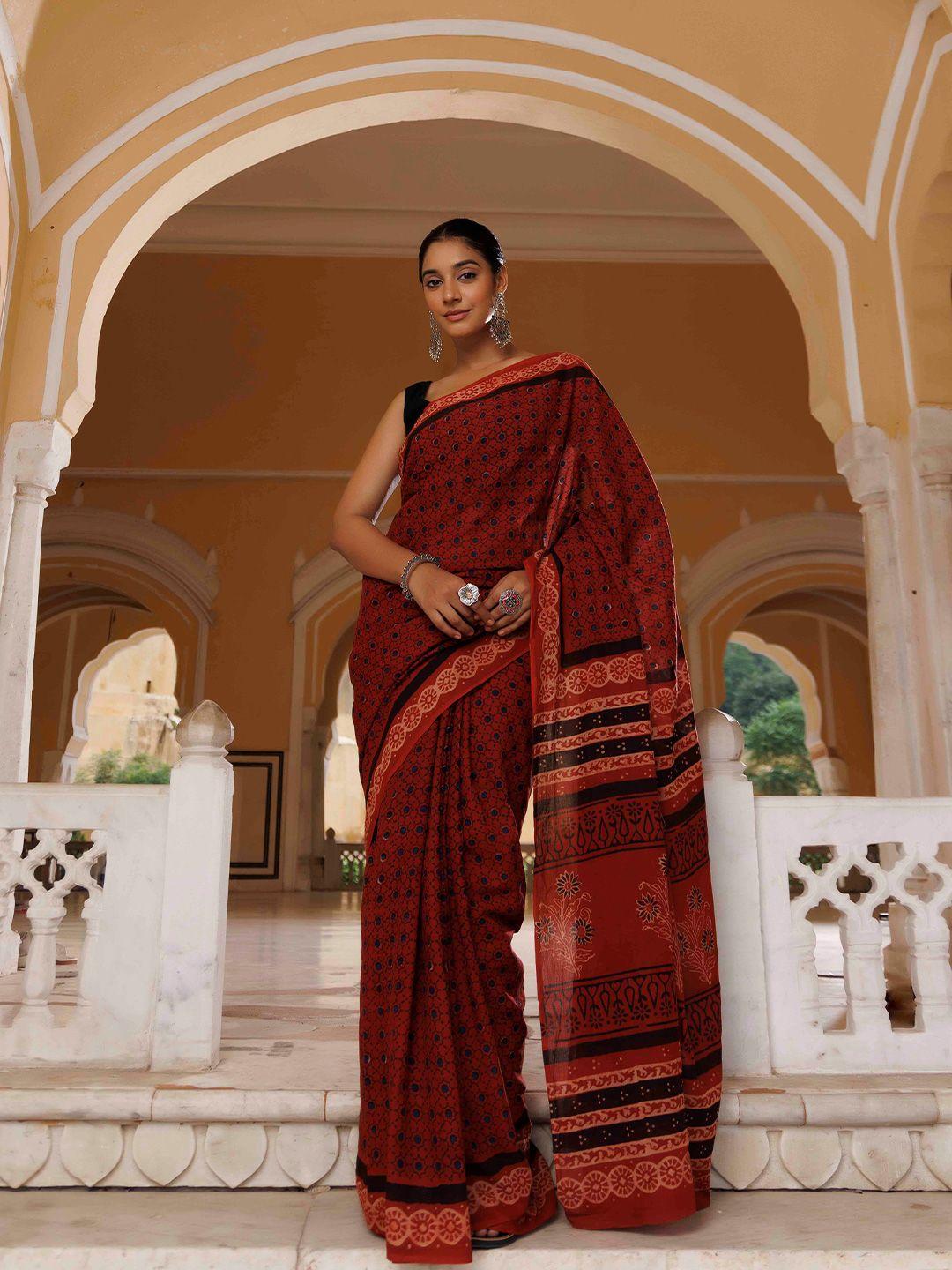 ragavi ethnic motifs ajrakh printed pure cotton saree