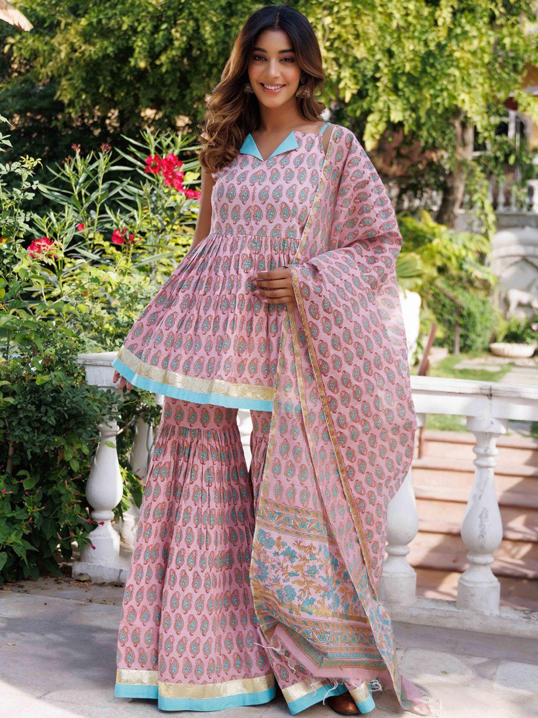 ragavi ethnic motifs printed a-line pure cotton kurta with sharara & dupatta