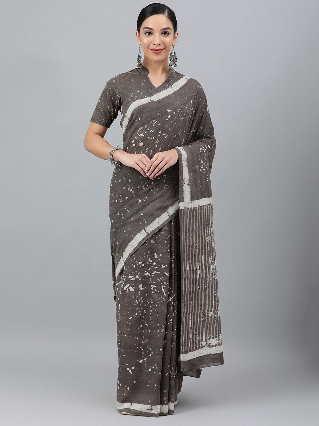 ragavi grey & white printed pure cotton saree