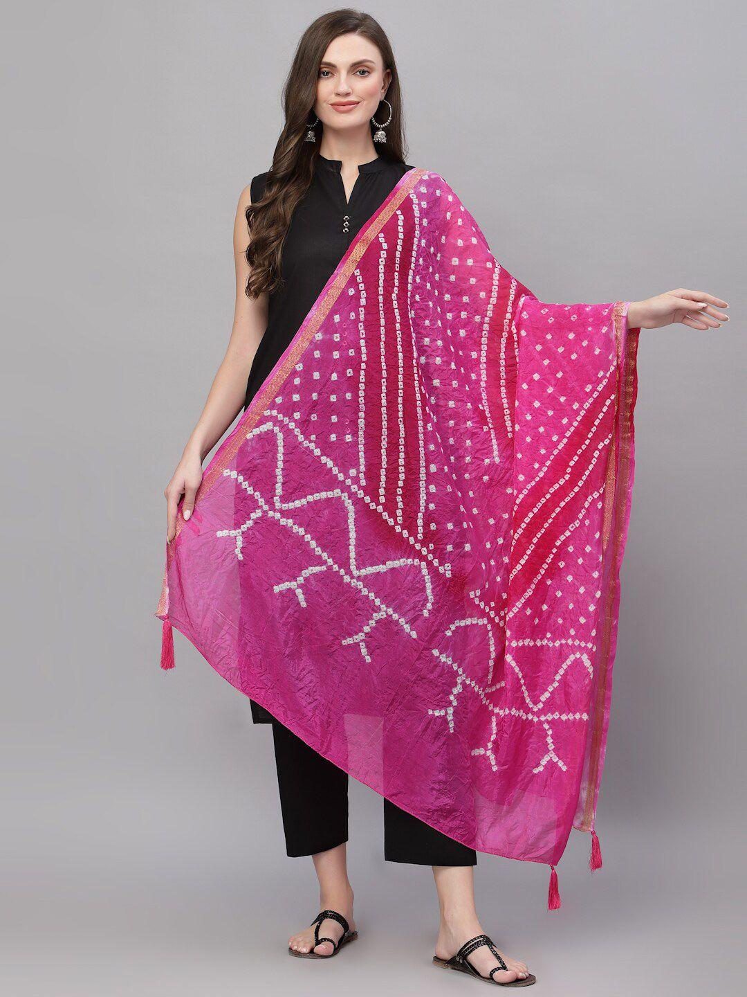 ragavi pink & white printed art silk bandhani dupatta with zari