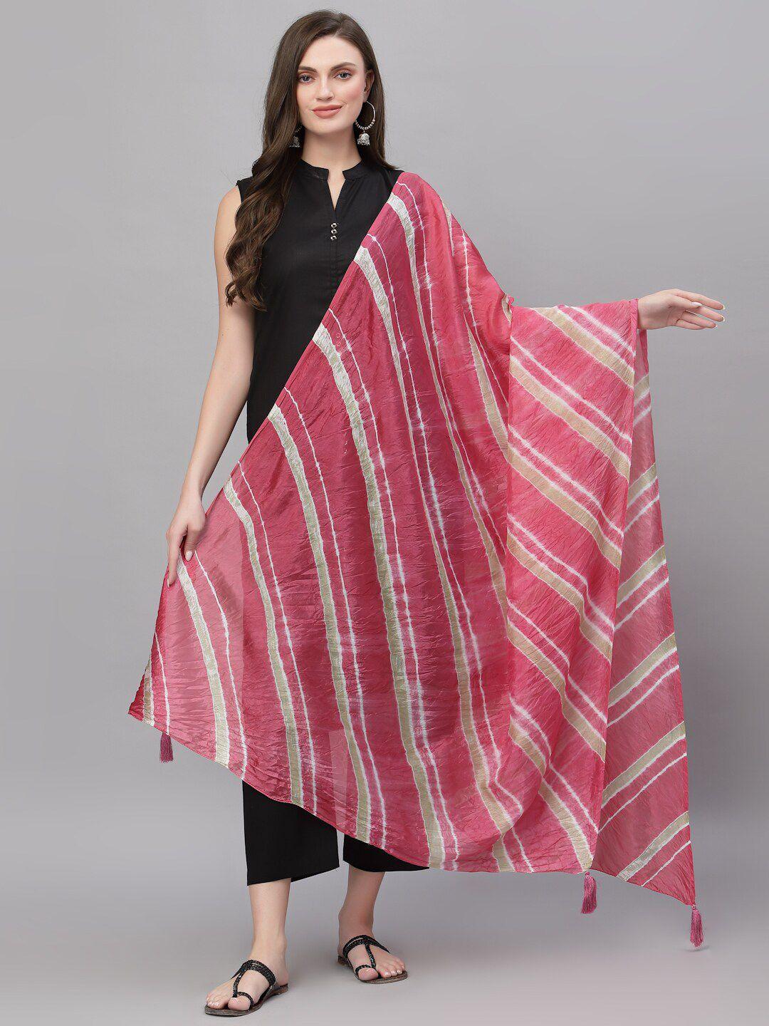 ragavi pink & white striped art silk leheriya dupatta