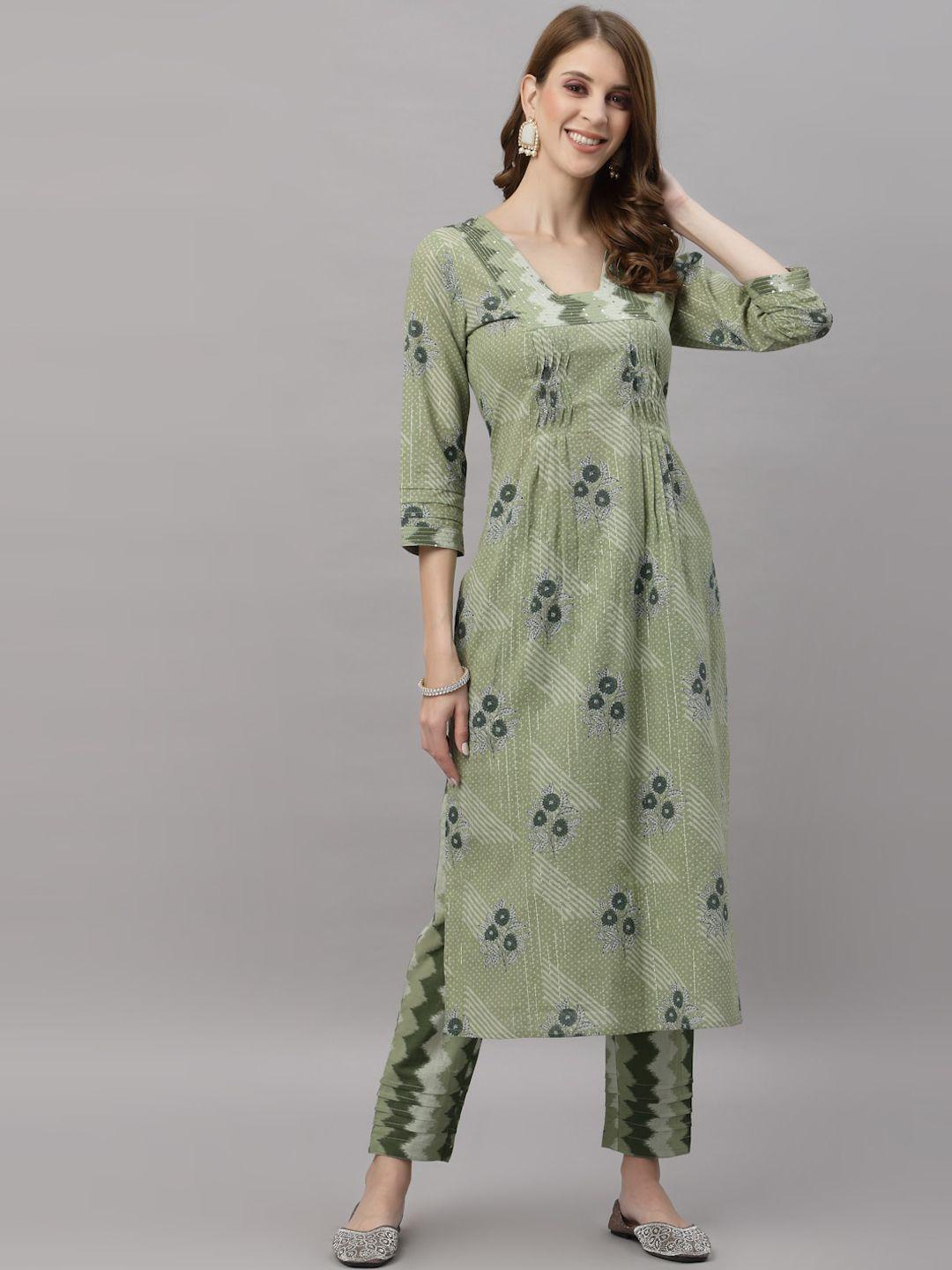 ragavi women green floral printed empire pure cotton kurta with trousers