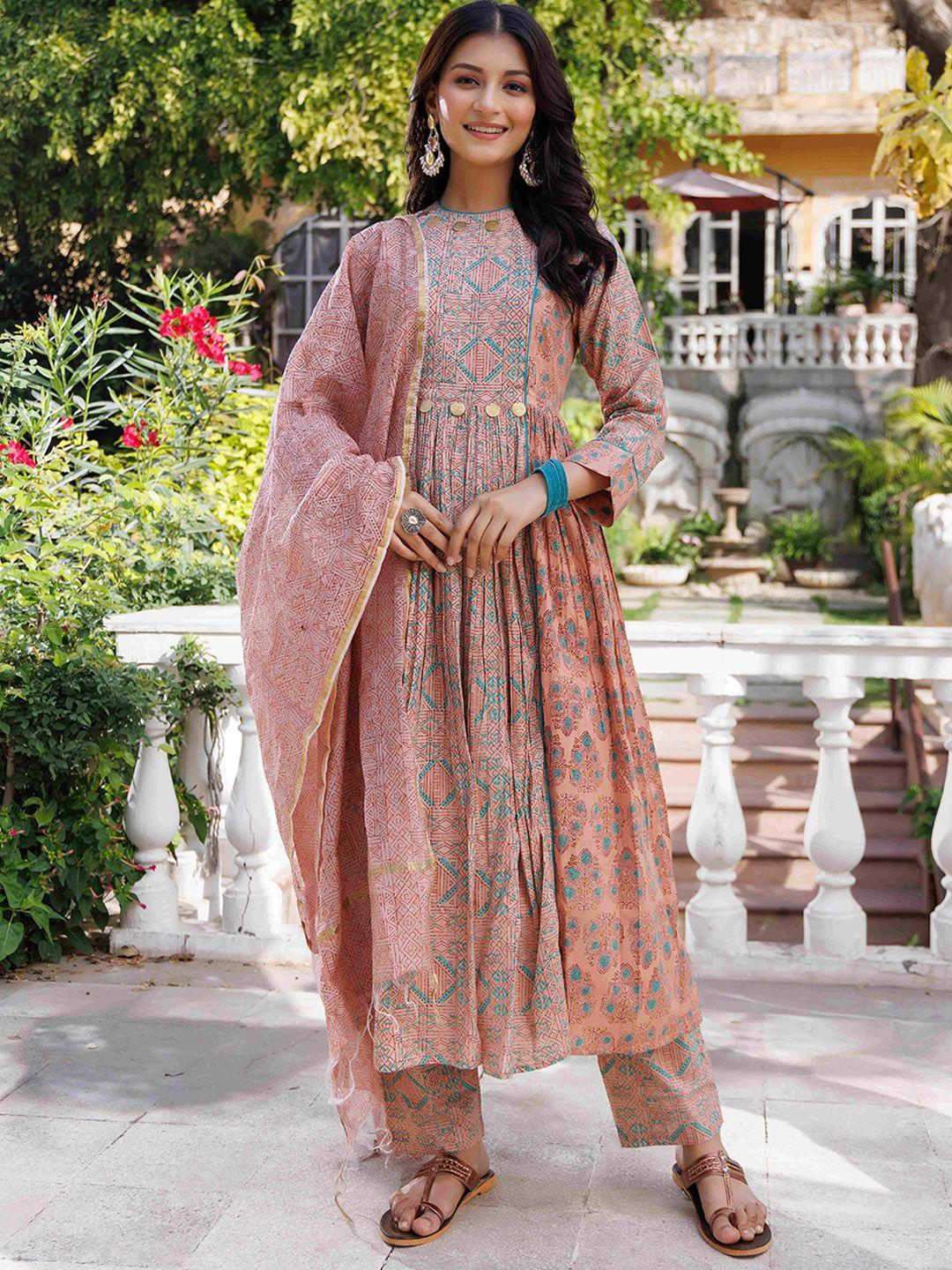 ragavi ethnic motifs printed pure cotton anarkali kurta with trousers & dupatta