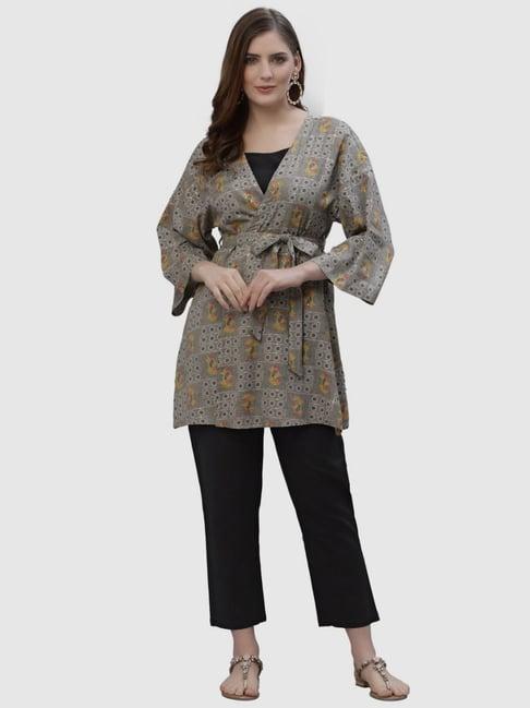 ragavi grey & black cotton printed kurti pant set with inner